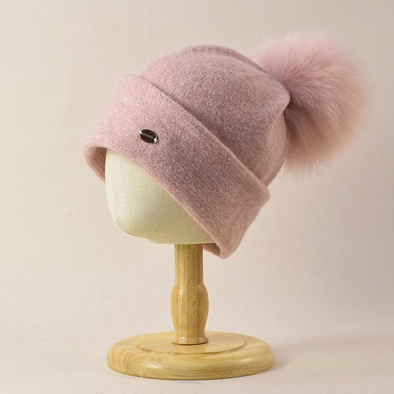 

Hat Women Winter Beanie Pompom Real Fox Fur Wool Knit Warm Accessory For Autumn Cold Weather Skiing Outdoor Climb