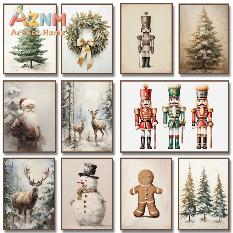 (No frame)Vintage Christmas Tree and Santa Claus Poster Winter Farmhouse Scenery Wall Art Canvas Painting Modern Living Room