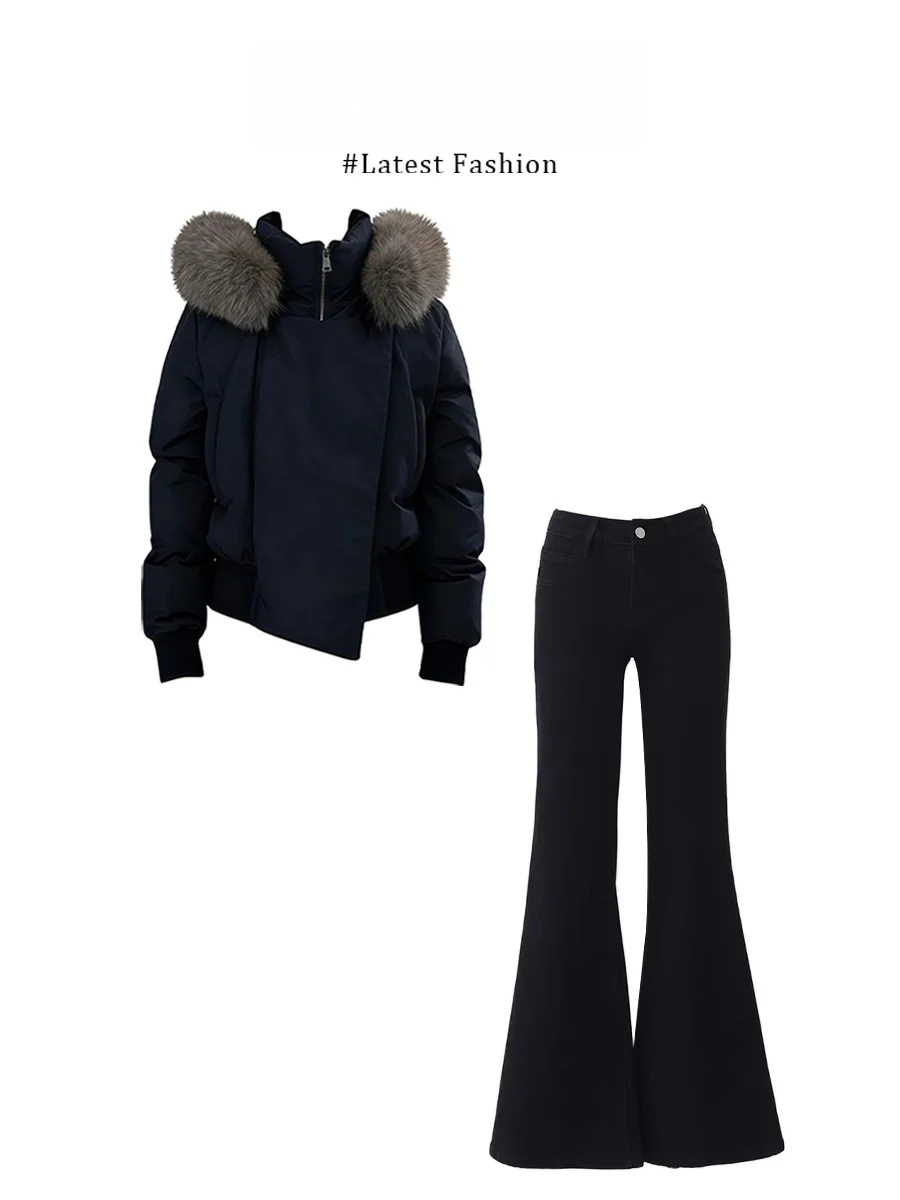 

Blue Parka Coat with Collar Patchwork Design Casual Side Buttoned Loose Fit Pants Set Korean Style Long Sleeve Hooded Jacket