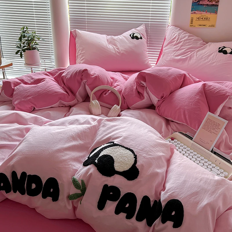 Panda Embroidery Washed Cotton Bedding Set with Pillowcase bed sheet Single Full Bed Linen Orange Duvet Cover Queen/King Double