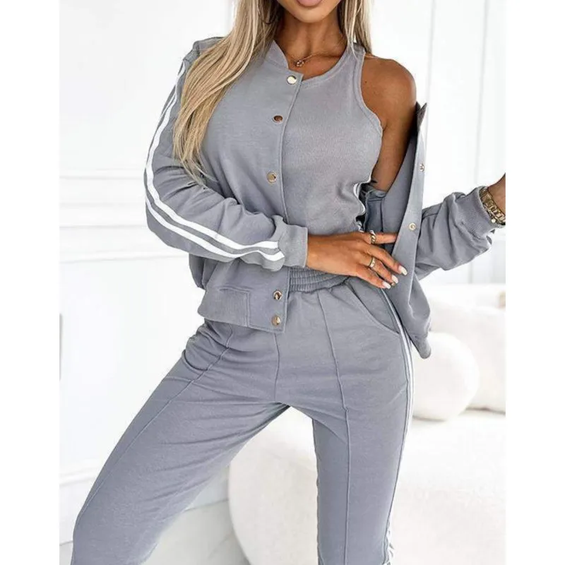 Setelan Olahraga Kasual 3 Potong 2025 Jaket Hoodie Bergaris Warna Solid + Rompi Tank + Celana Slim Wanita Tracksuit