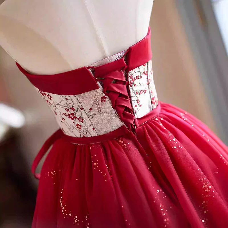 AnXin SH Prinzessin rote Spitze trägerlos Satin Blumenschleife glitzernde Schnürung kurzes maßgeschneidertes Abendkleid kleines rotes Kleid