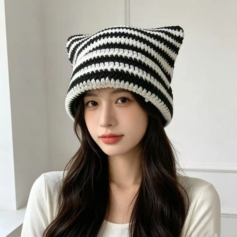 Kawaii Y2K Cat Ears Beanie Hats Warm Cute Stripe Knitted Hat Punk Crochet Little Devil Cap Winter Autumn