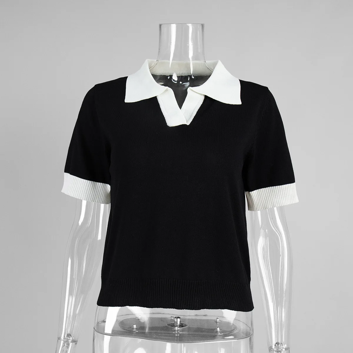 Wolfeel 2026 Summer Women Collar Contrast Color Polo Short Sleeve Slim Fit Sweater  Knitted Top Elegant Commute Daliy Wear