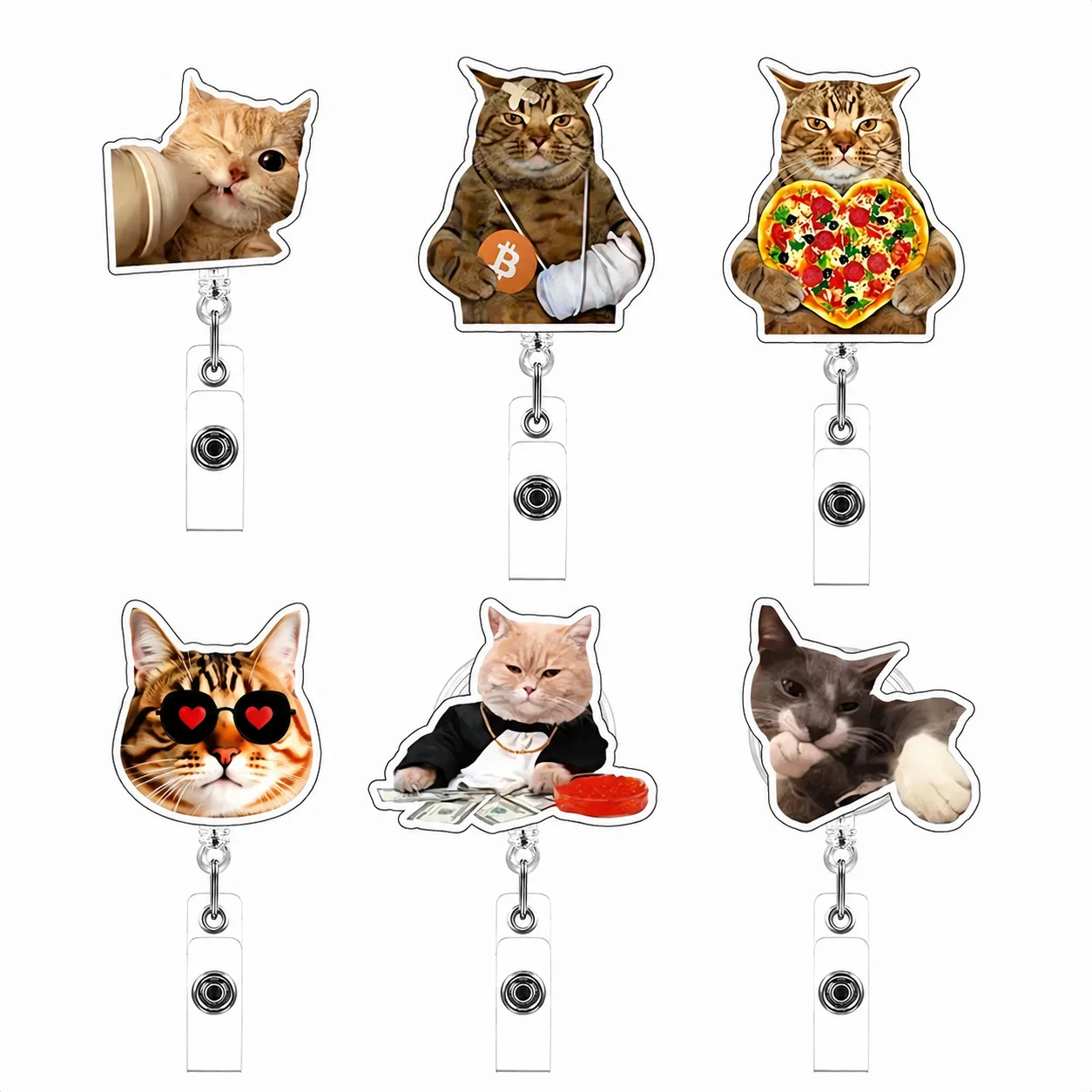 Retractable Acrylic Badge Reel Holder Funny Cat Pattern ID Badge Clip Cute Novelty Badge Holder for ID Name Tags Back To School