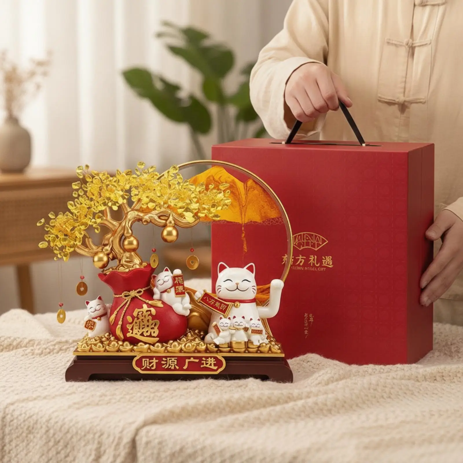 Traditional Charm Cat Figurine with Gilt Leaves and Wealth Pouch Decor for Business Reception Entryway Gift Box