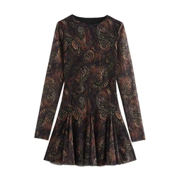 New Women's Casual And Fashionable European And American Style Printed Silk Mesh Waist Cinched Long Sleeved Short Dress