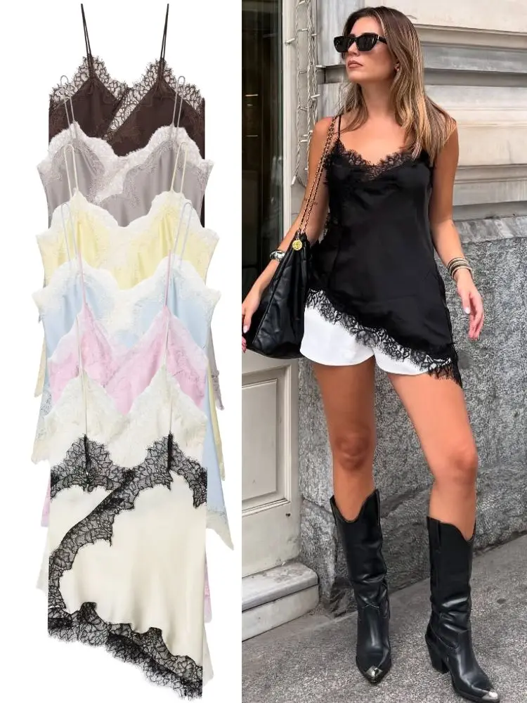 HH Sexy Women Asymmetrical Lace Slip Tops Summer Female Backless Sleeveless Off Shoulder Underwear Tanks Elegant Beach Camisole