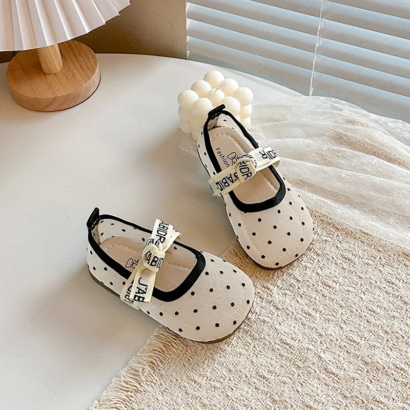 2026 Suitable Toddlers Medium Large Children Wedding Party Girls' Casual Shoes Polka Dot Mesh Princess Cute Bow Spring Summer