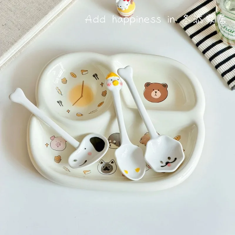 Cartoon Animal Divided Ceramic Plate Cute 3 Compartment Dinner Plate Food Serving Tray for Kids Breakfast Lunch Tableware