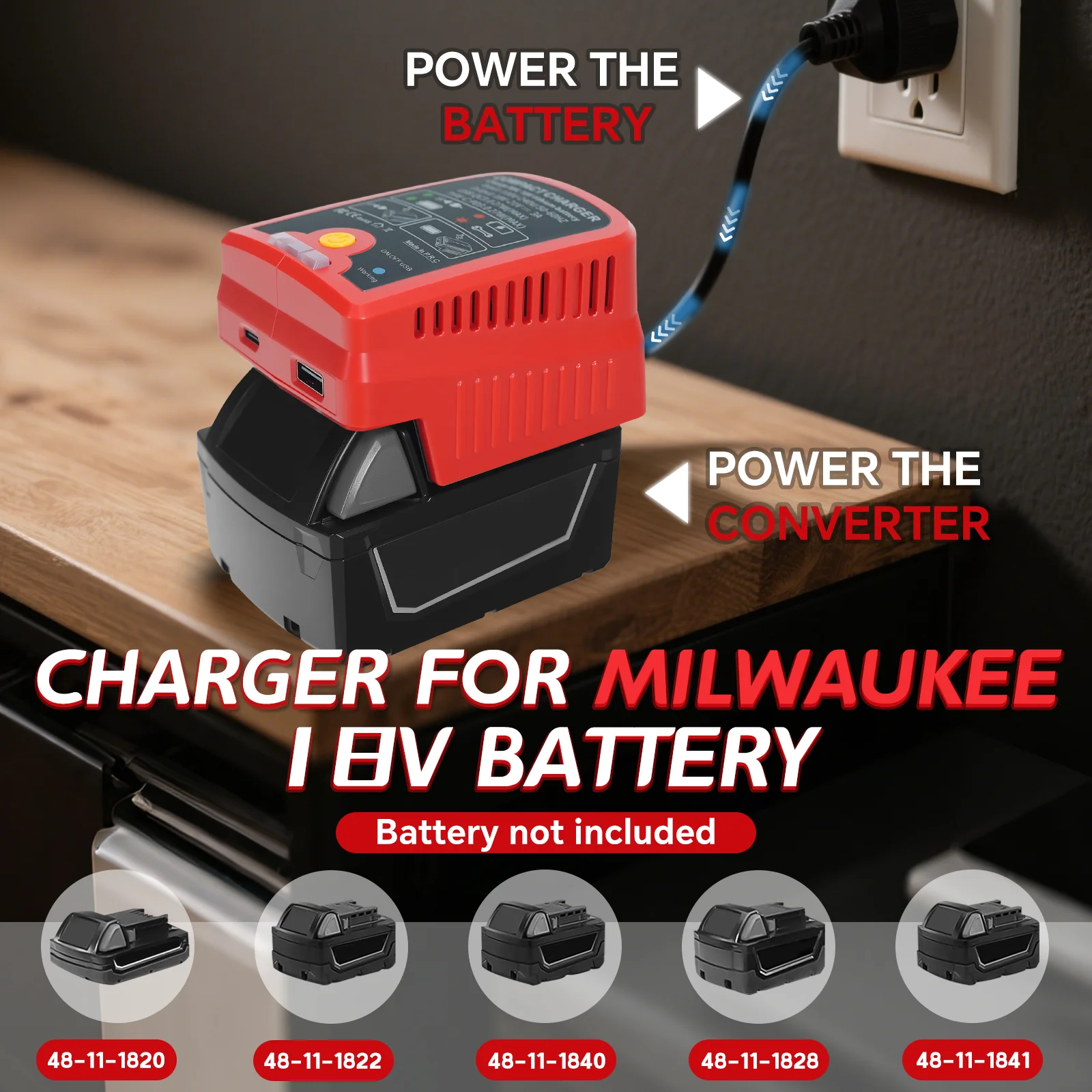 شاحن بطارية لميلووكي بطارية 18 فولت 2 في 1 شاحن هاتف محمول محول الطاقة مع منفذ إخراج USB وType-C (بدون بطارية)