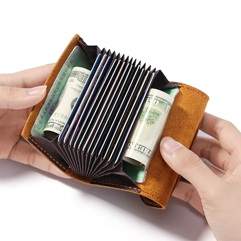 

Мужской кожаный картхолдер из кожи Crazy Horse, кошелек-гармошка с застежкой-кнопкой и 12 отделениями для карт, вместительный органайзер для кредитных карт