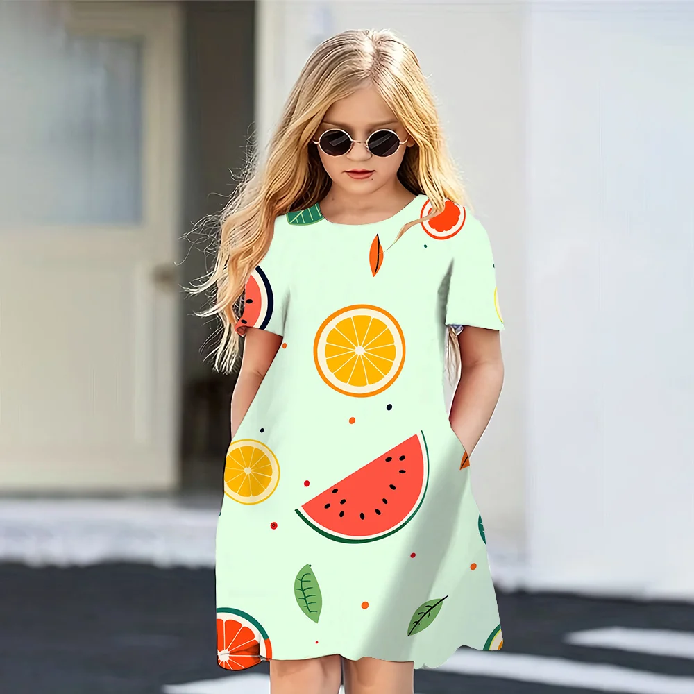 2024 Summer Dress Girls Cute New Hawaii Style 3D Printed Dresses Girls Party Short Sleeve Casual Princess Dress Girls Clothing