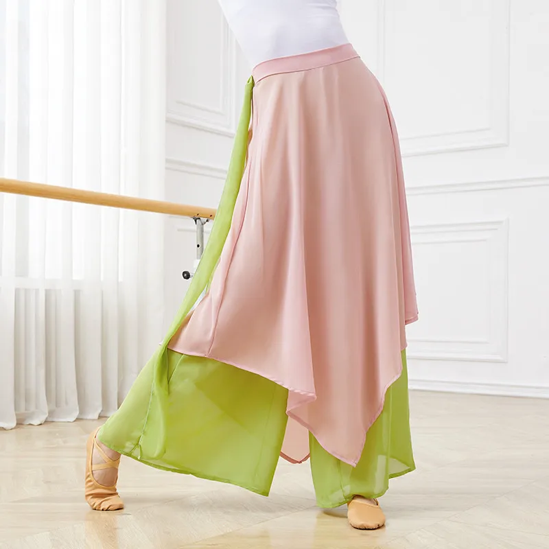 

Wide Leg Pants Women Classical Dance Chinese Folk Dance Loose Long Chiffon Ribbon Splicing Pants Harem Pants Elastic Pants