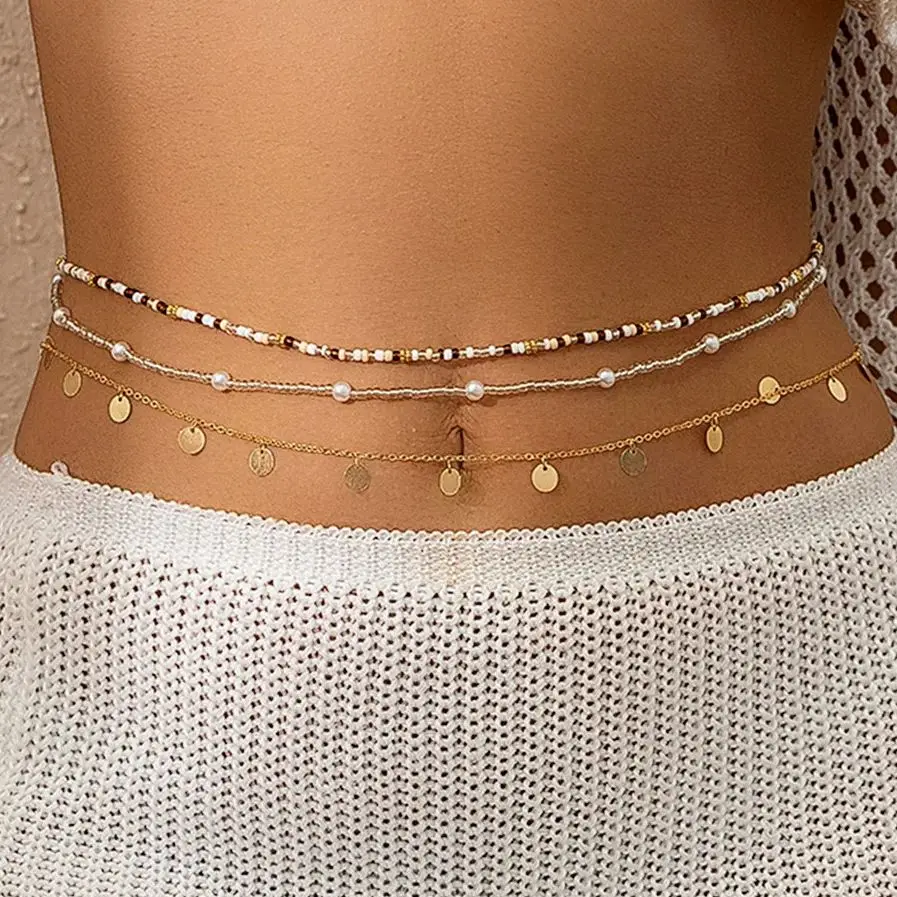 SHIIXIN 3Pcs Boho Colorful Small Rice Beads Waist Chain Set for Women Bikini Gold Color Sequin Tassels Belly Chain Body Jewelry