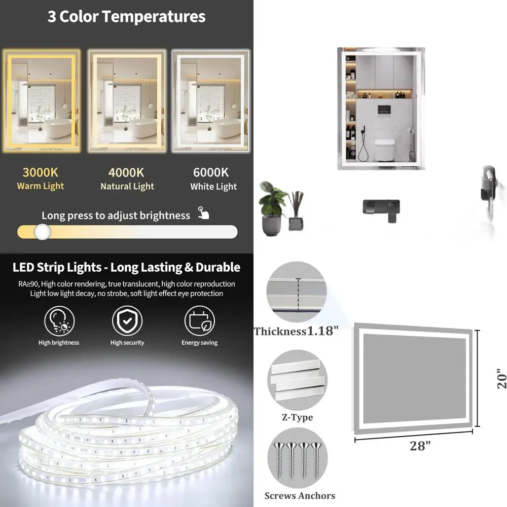 

20x28 Inch LED Bathroom Mirror with 90CRI Anti-Fog, Backlight, and Shatter-Proof Design for Modern Vanity