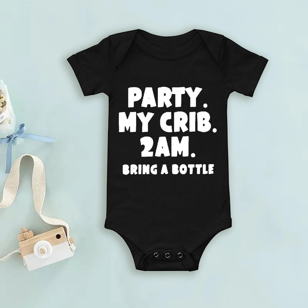 Girls Boys Baby Romper Party My Crib 2AM Bring A Bottle Print Infant Bodysuit Short Sleeve Jumpsuit Spring Summer Baby Clothes