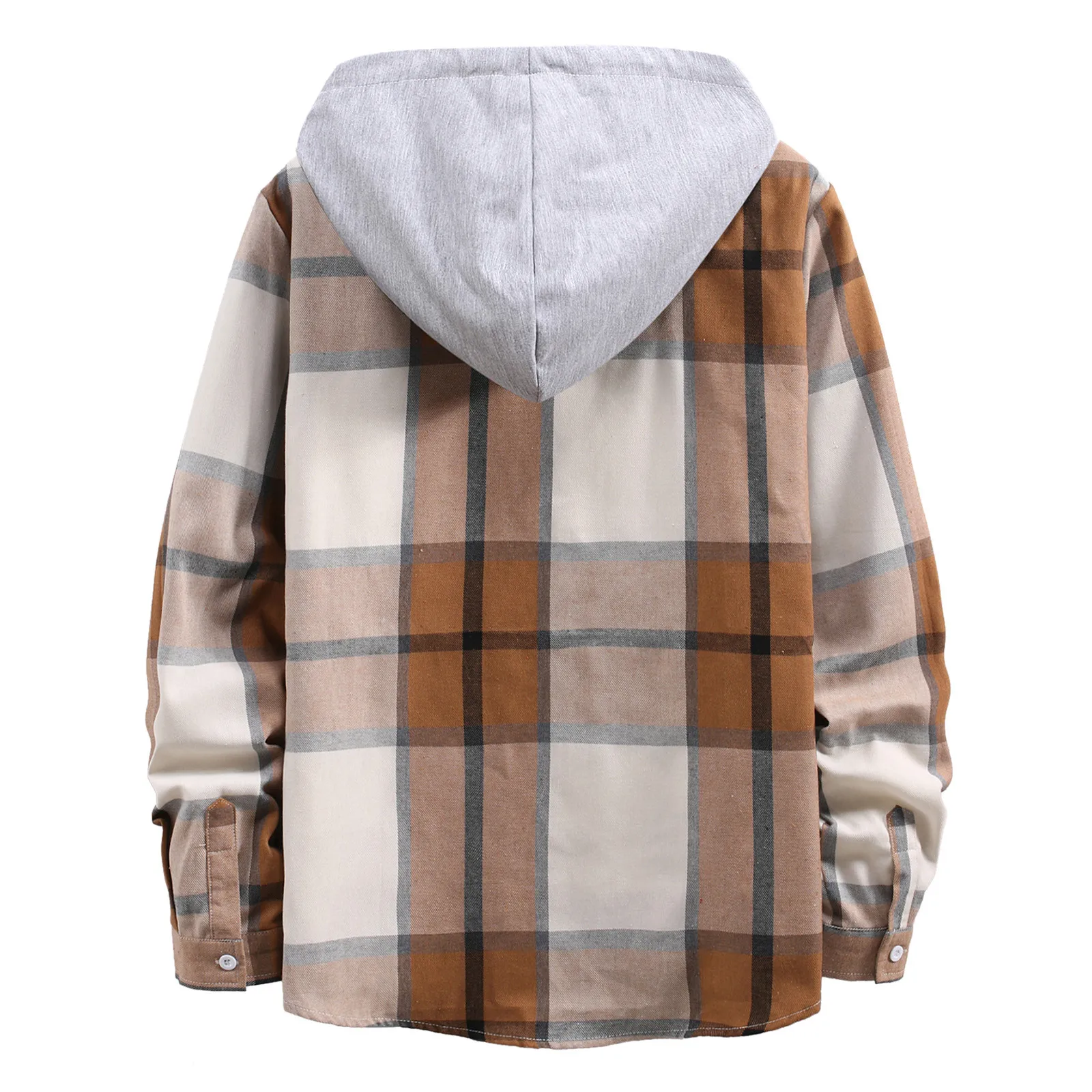 Men\'s Casual Plaid Print Shirt Long Sleeves Autumn Casual Hooded Single Breasted Coat Daily Loose Male Clothing