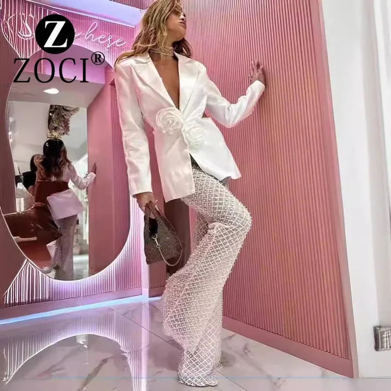 [ZOCI] 2024 New Fashionable Three-dimensional Hollow Nail Bead Flower Sequin Mesh Fashion Slim Fit Hip Hugging Sexy Suit Set