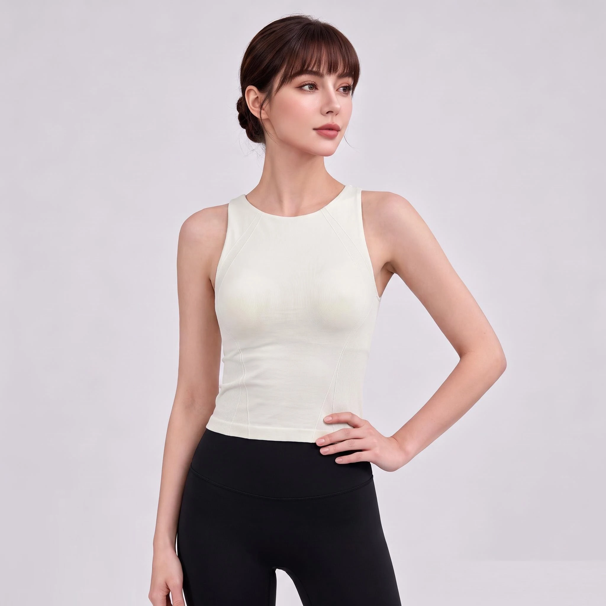 Figurbetontes, ärmelloses Yoga-Top – dehnbares, atmungsaktives Tanktop mit Falten, schnelltrocknende Sportbekleidung für Fitness, sexy, figurbetontes Sport-BH. – Detail 6