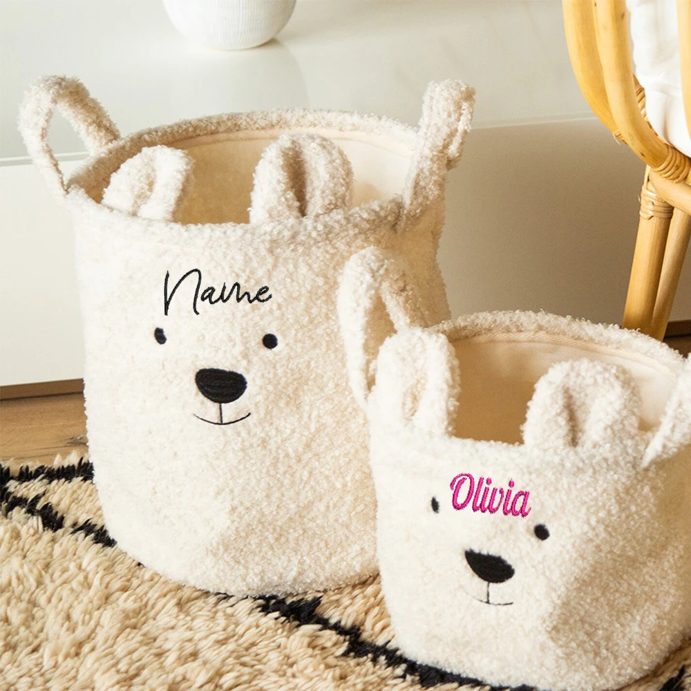 Embroidered Bear Head Lamb Hair Canvas Storage Basket Toy Snack Storage Basket Personalized Custom Cloth Storage Dirty Cloth Bag