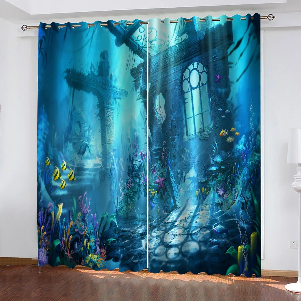 

HUANZHUANG Children'S Blackout Curtains 3D Ocean World Landscape Pattern Printed Noise Reduction And Thermal Insulation Metal