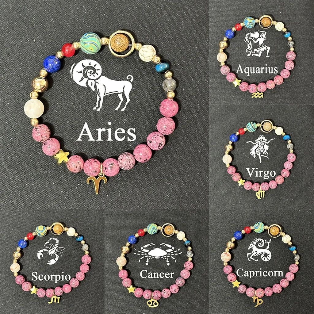 12 Zodiac Bracelets Natural Stone Pink Beaded Constellation Bracelets Women Good Luck Bracelet Couples Friendship Jewelry Gifts