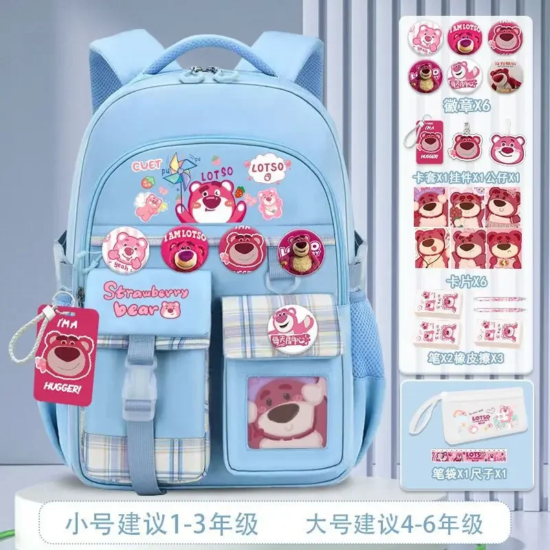 Sanrio tas sekolah Super ringan, tas ransel pelindung tulang belakang, kapasitas besar, kartun imut, tas sekolah Super ringan, beruang stroberi untuk pelajar