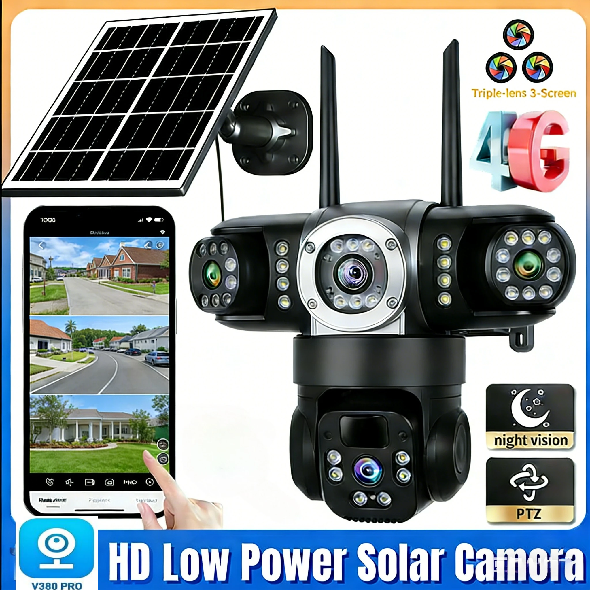 V380 Pro Wireless Solar Security Camera Three Screen Three Lens 6K 4G Sim Card Solar CCTV 4G V380 Battery Solar IP Cam WiFi