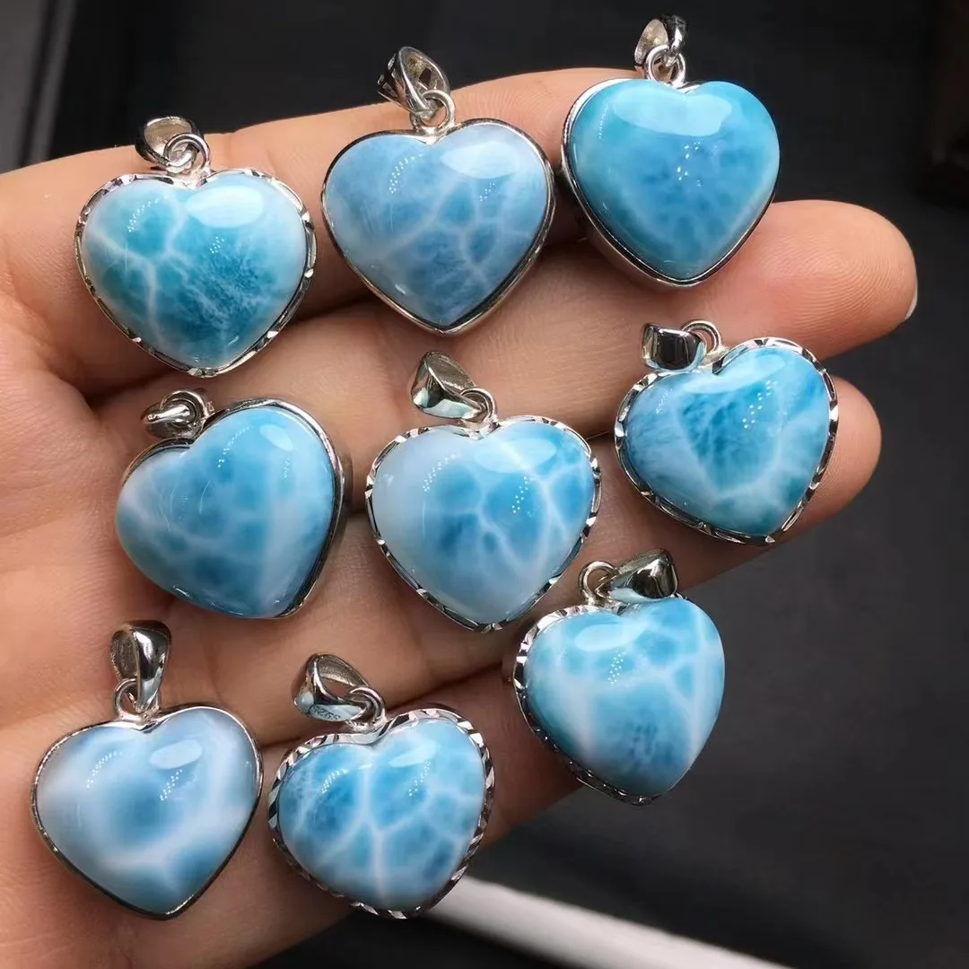 

Unit One Piece 925 Silver Buckle With High Quality Natural Larimar Crystal Healing Heart Shape Pendant