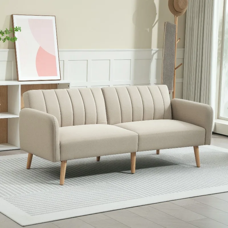 Canapé convertible 2 places design scandinave dossier inclinable 3 positions pieds en bois tissu aspect lin beige