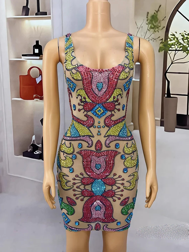 Wysokiej jakości kolorowa sukienka z elastyczną kamizelką z kryształkami 2025 Nowa moda odzież damska na zamówienie