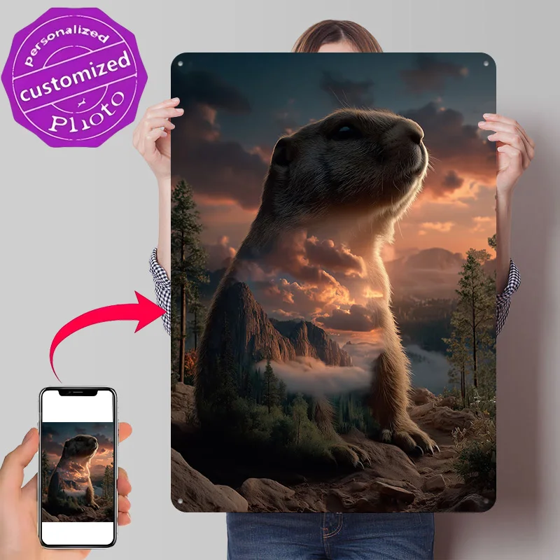 Marmot in Yosemite Landscape Personalized 3D Textured Metal Poster Wall Art Vintage Tin Signs for Home Decor Ornaments Wand Deko