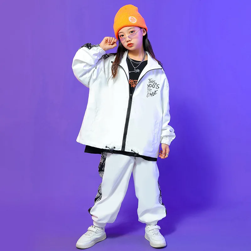 Kid Hip Hop Clothing Side Print White Black Zip Up Jacket Top Casual Jogger Pants for Girl Boy Jazz Dance Costume Clothes Outfit