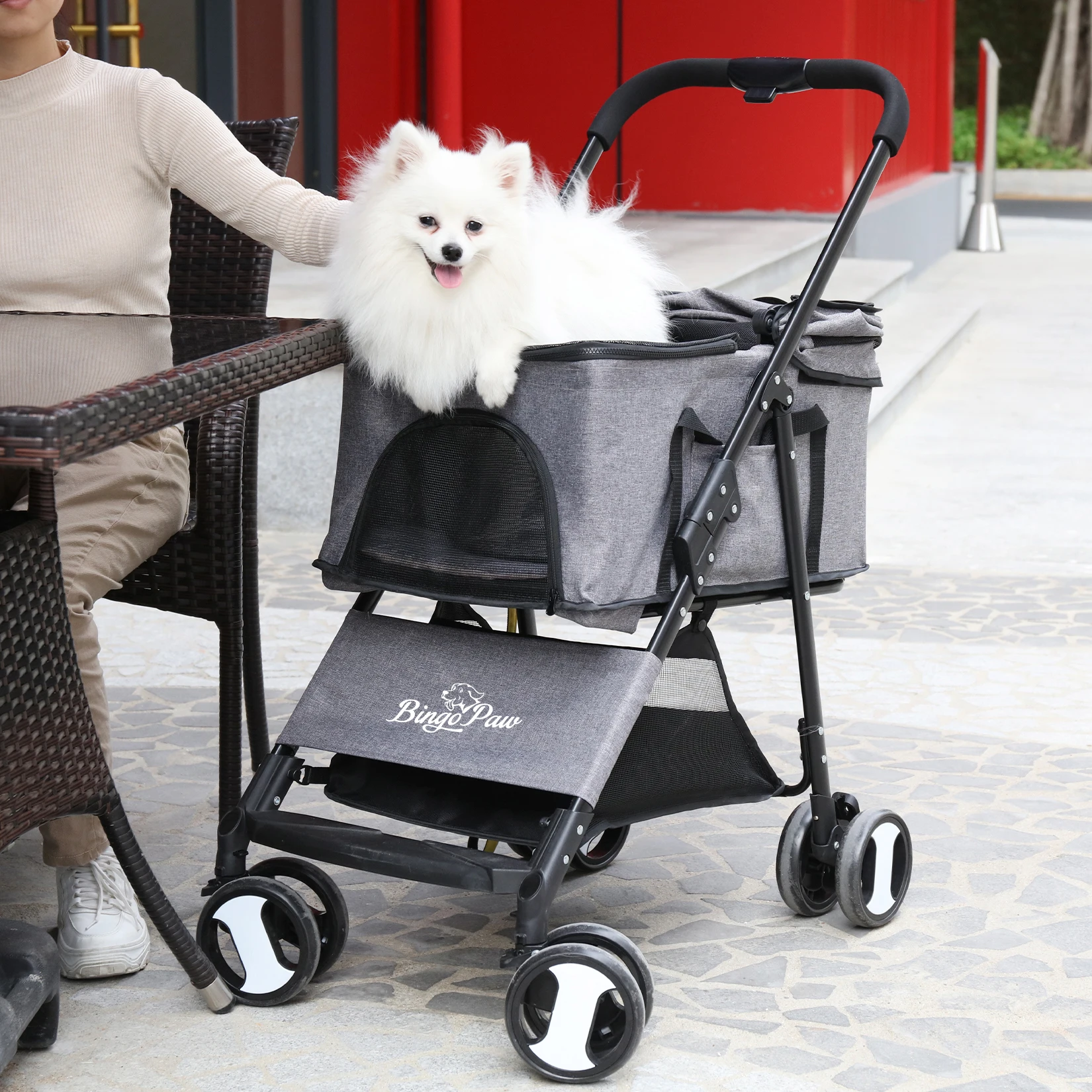 Luxury Foldable Cat Stroller 4 Universal Wheels Dog Pushchair Pet Stroller Travel Carrier Storage with Detachable Cushion