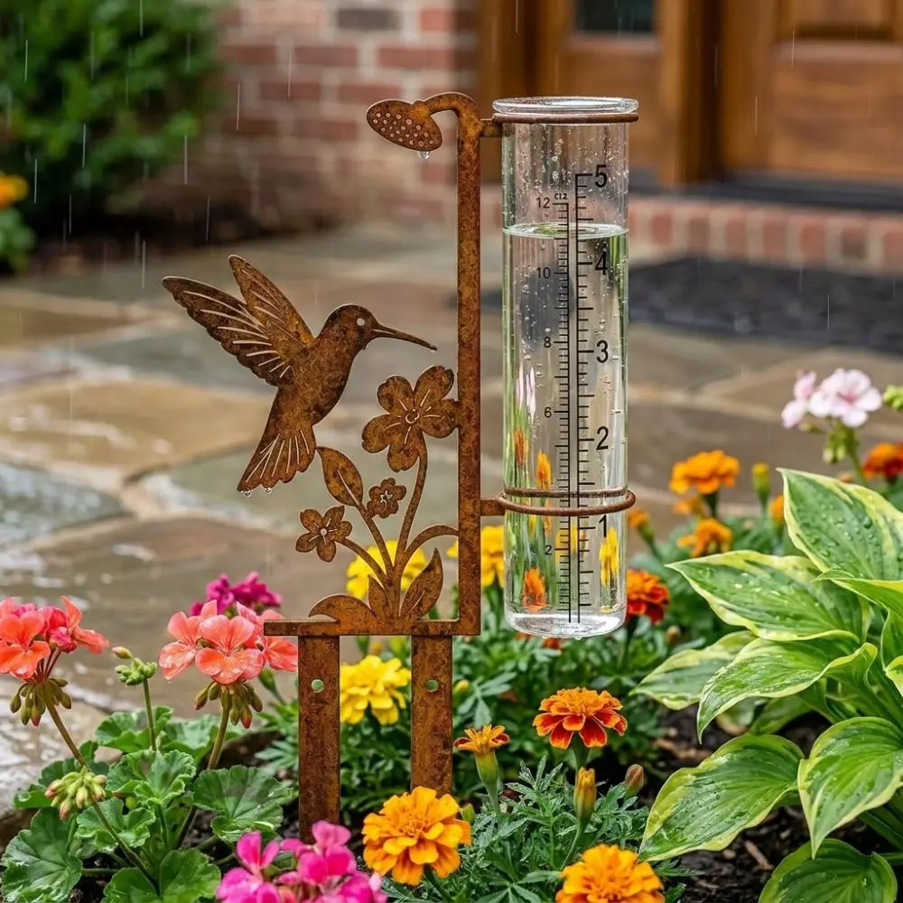 Vintage Flower Bird Metal Rain Gauge Stake Large Capacity Removable Yard Rainfall Monitor Weather Resistant Clear Read Numbers