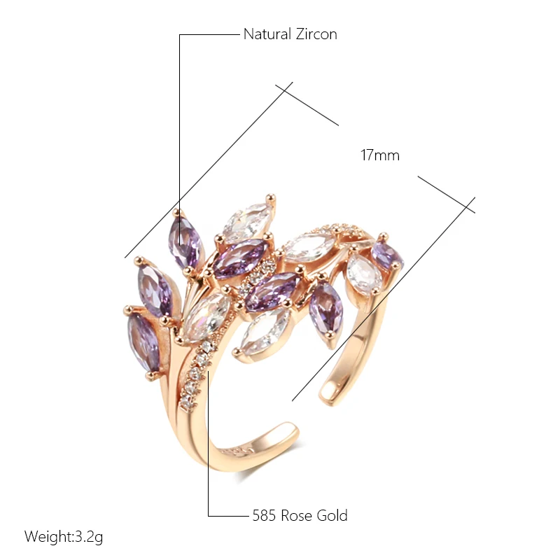 Kinel Luxury Full Paved Blue Purple Green Natural Zircon Open Rings for Women 585 Rose Gold Color Hollow Flower Vintage Jewelry