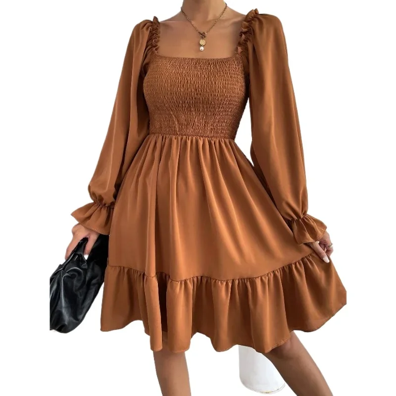 

Knee-Length Women's Chiffon Dresses Elegant Square Collar Solid Flare Sleeve Dress Casual Slim Ruffle Hem A-Line Dress Women