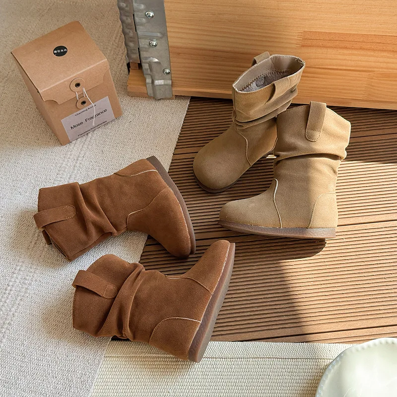 

Весенне-осенние новые короткие сапоги для девочек, матовая плиссированная уличная повседневная обувь Maillard в стиле ретро с высоким берцем, верблюжий цвет хаки, размер 23-36