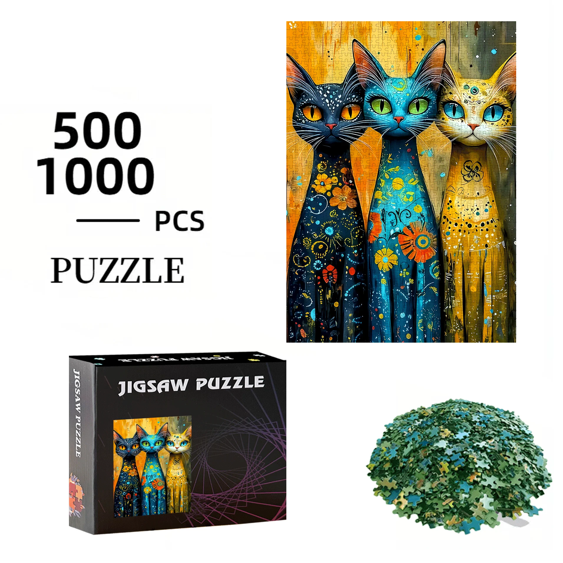 500 قطعة أو 1000 قطعة من أحجية الصور المقطوعة الكبيرة جدًا - صعوبة 5A مع ألوان نابضة بالحياة وتصميم قطة معقدة، وسائط داخلية