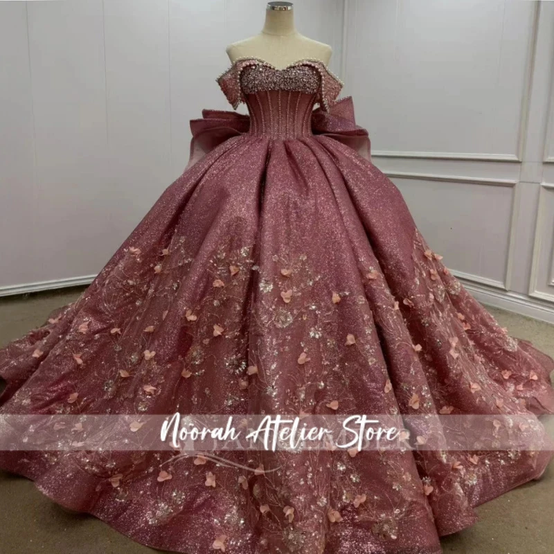 

Pink Shiny Princess Off the Shoulder Sweet 16 Dress Quinceanera Dresses Applique Flower Beading Crystal Bow Tull Party Birthday