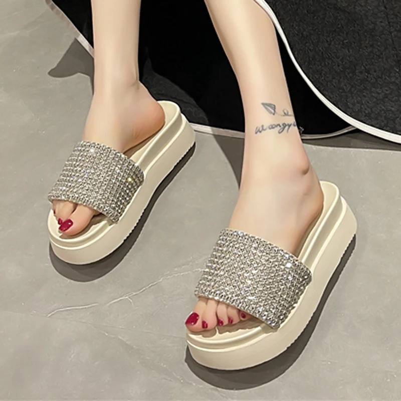 Rimocy Fashion Rhinestone Chunky Sandals Women Summer Thick Platform Wedges Slippers Woman Casual Non Slip Slide Sandals Female