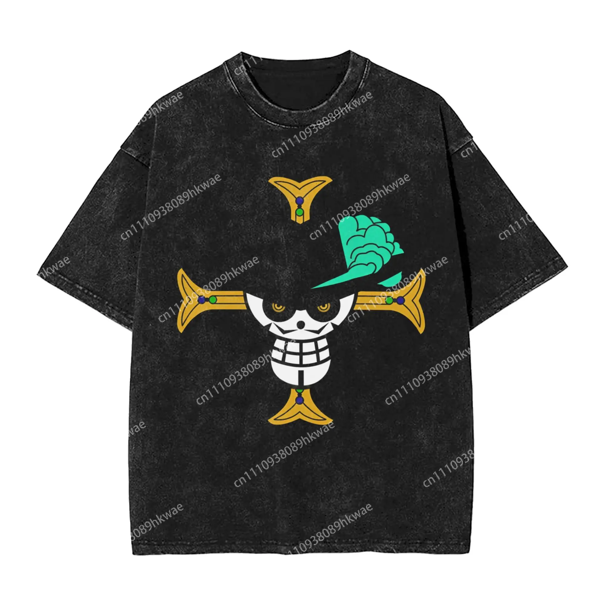 Mihawk  One Piece Flag Washed T Shirts Streetwear Hip Hop Fashion T-Shirt  Tee Shirt Men Women Short Sleeve High Street Summer