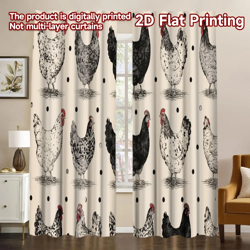 2D FLAT PRINTING 2pcs Curtains (Without Rod) Farmyard Chickens Chic Minimalist Curtains Versatile 100% Polyester Curtains