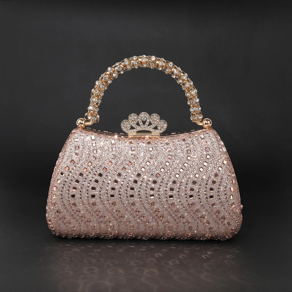 

New shiny crystal evening bag - exquisite crown-style snap closure handbag, versatile chain strap crossbody bag