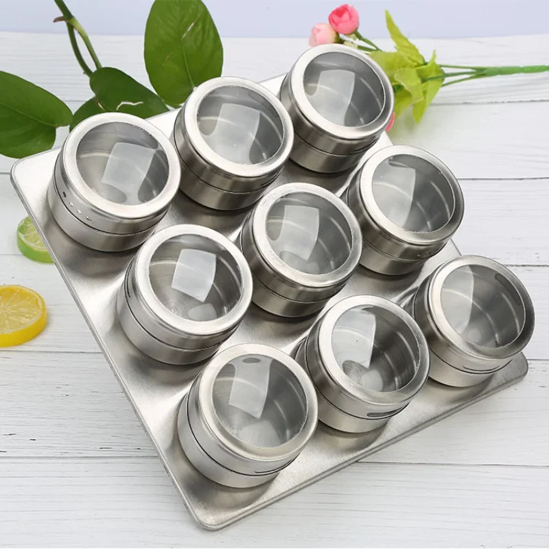 

Stainless Steel Spice Jar Set Visible Plastic Cover Magnetic Bottom Spice Container Condiment Bottles Seasoning Box Spice Tools