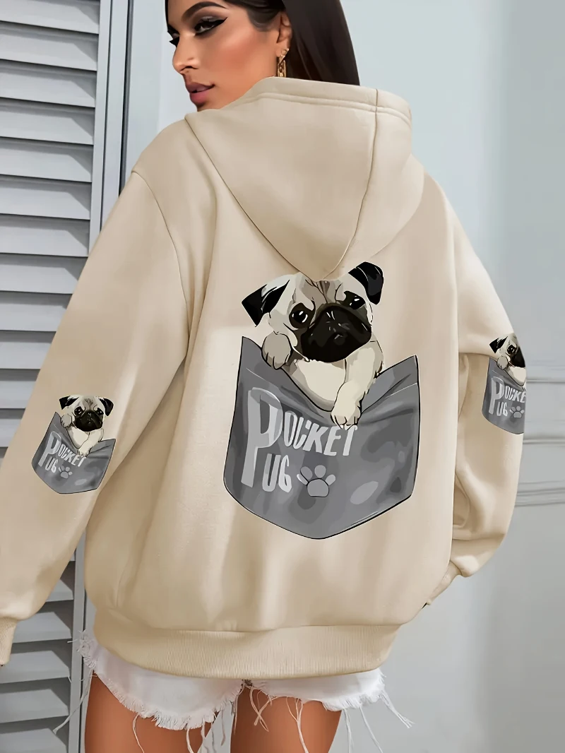 Pocket Pug Hoodies Women Cartoons dog Prints Hooded Loose Pockets Sweatshirts Winter Fleece Warm Tops Street Black Woman Clothes