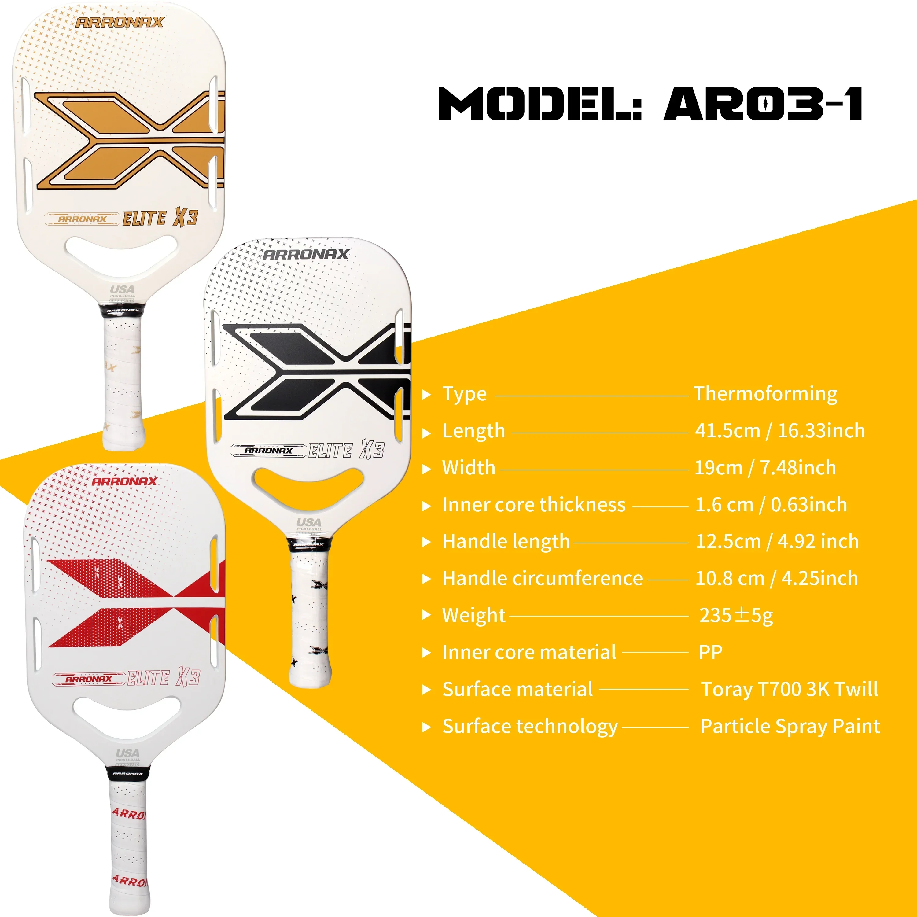 ARRONAX-Thermoformed Pickleball Paddle with High Grit and Spin Edgeless Design, Universal Air Dynamic Throat, Pickleball Rackets