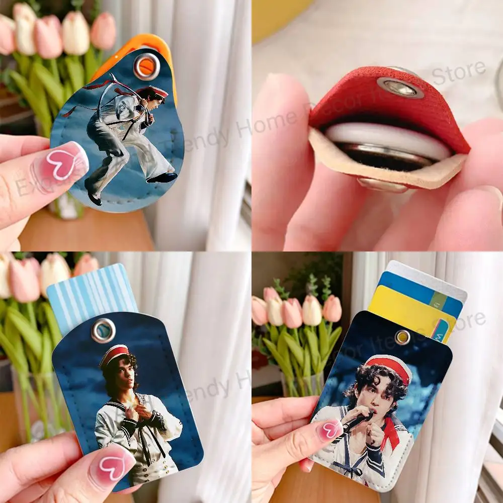 C-Conan G-Gray Wishbone PU Leather Card Holder Keychain Key Ring Door Lock Access Card Air Tag Case Keychain Card