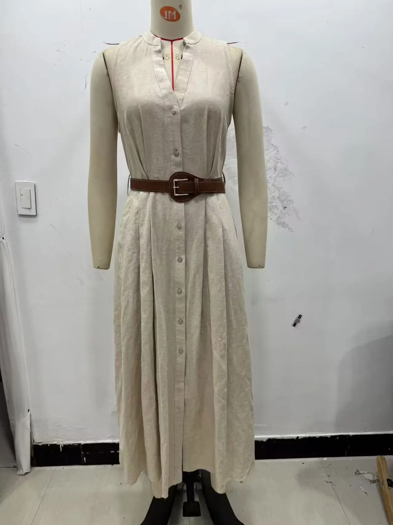 HH Women's Summer Commuter Casual Solid Linen Midi Dress Sleeveless V-neck Single-breasted Belt A-line Elegant Slim Dresses